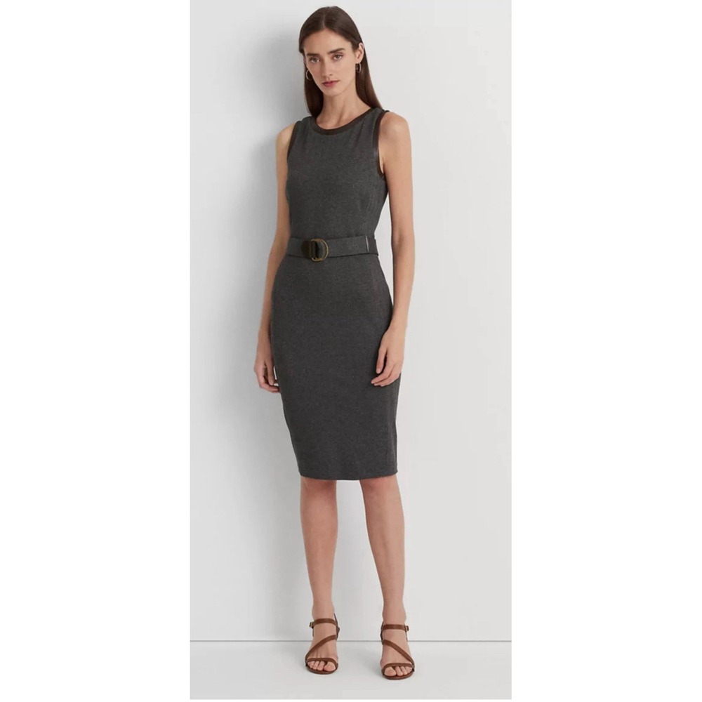 NWT Lauren Ralph Lauren Women Faux-Leather Trim Belted Jacquard Dress L Preppy